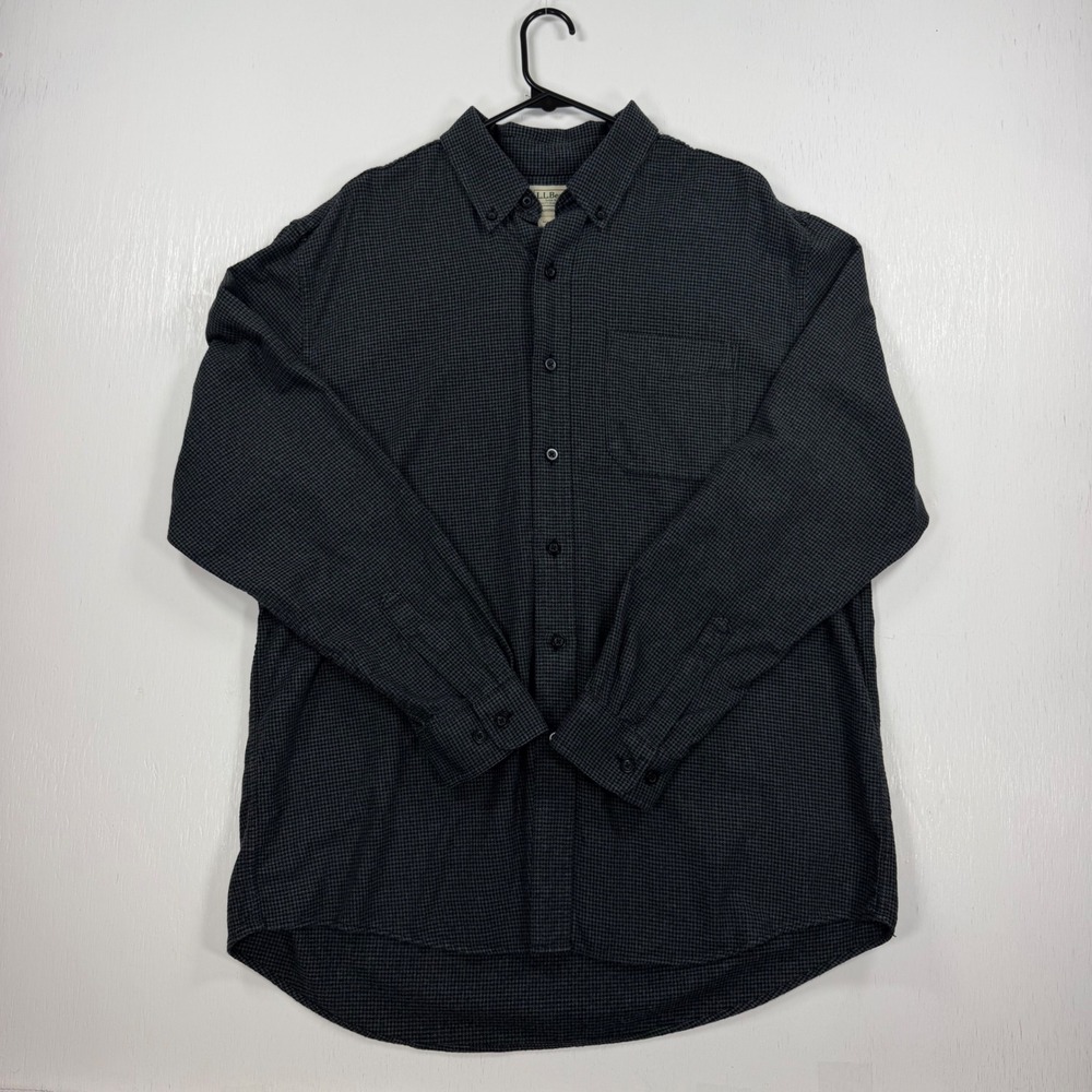 L.L.Bean Long Sleeve Button Up Shirt 100% Cotton Black Gray Houndstooth Men's L